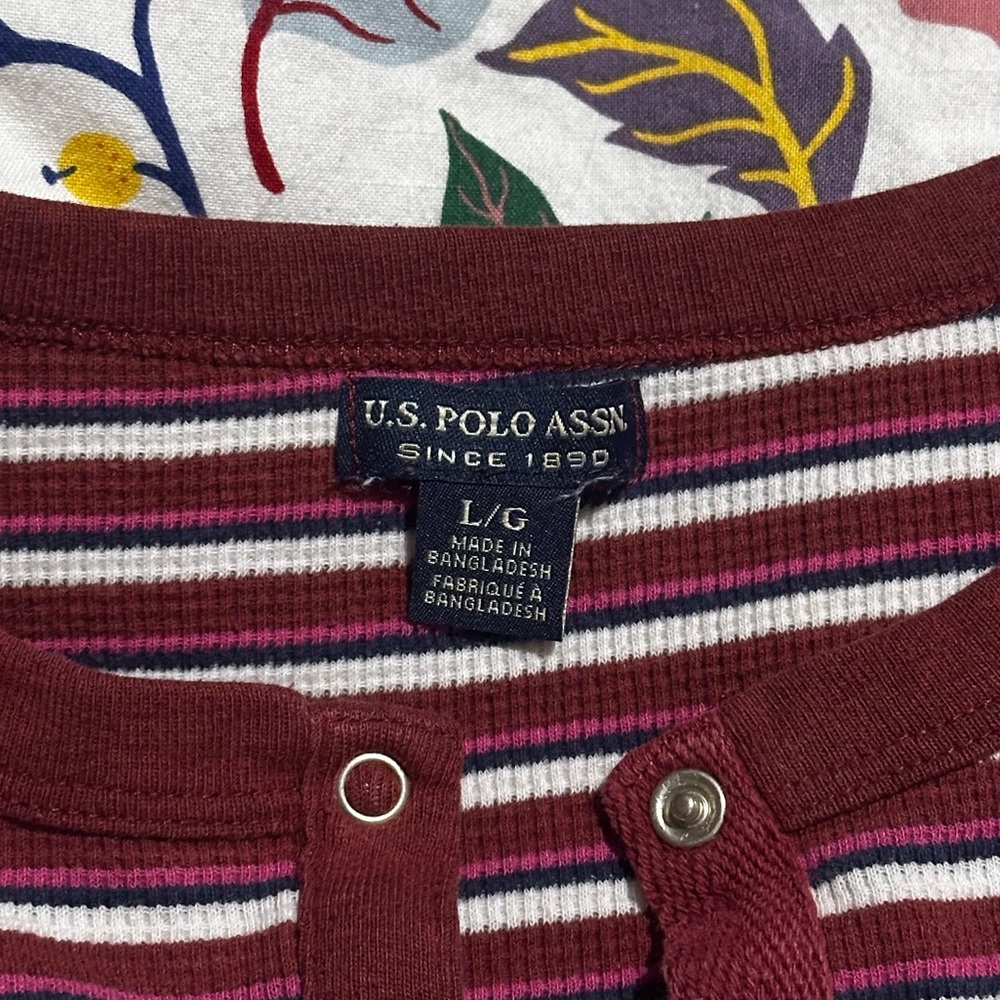 VINTAGE U.S. Polo Assn. Burgundy and White Striped Long Sleeve Top - Picture 3 of 5